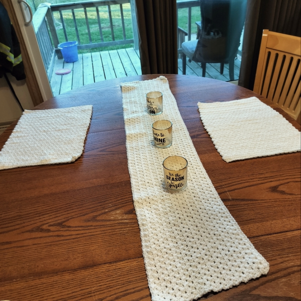 Hand crocheted 53 " table runner, 2 matching placemats